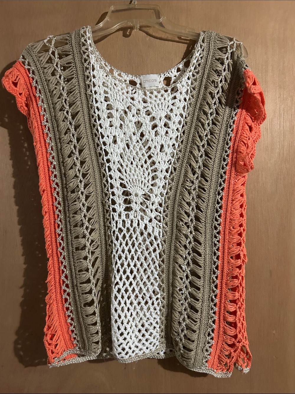 Chico's White, Olive & Coral Crochet Openwork Top